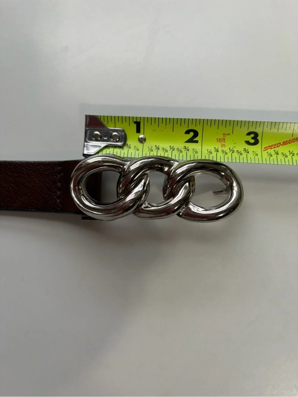 LANDES Brown Leather Women Belt Metal Silver Chain Buckle Statement Chunky S/P